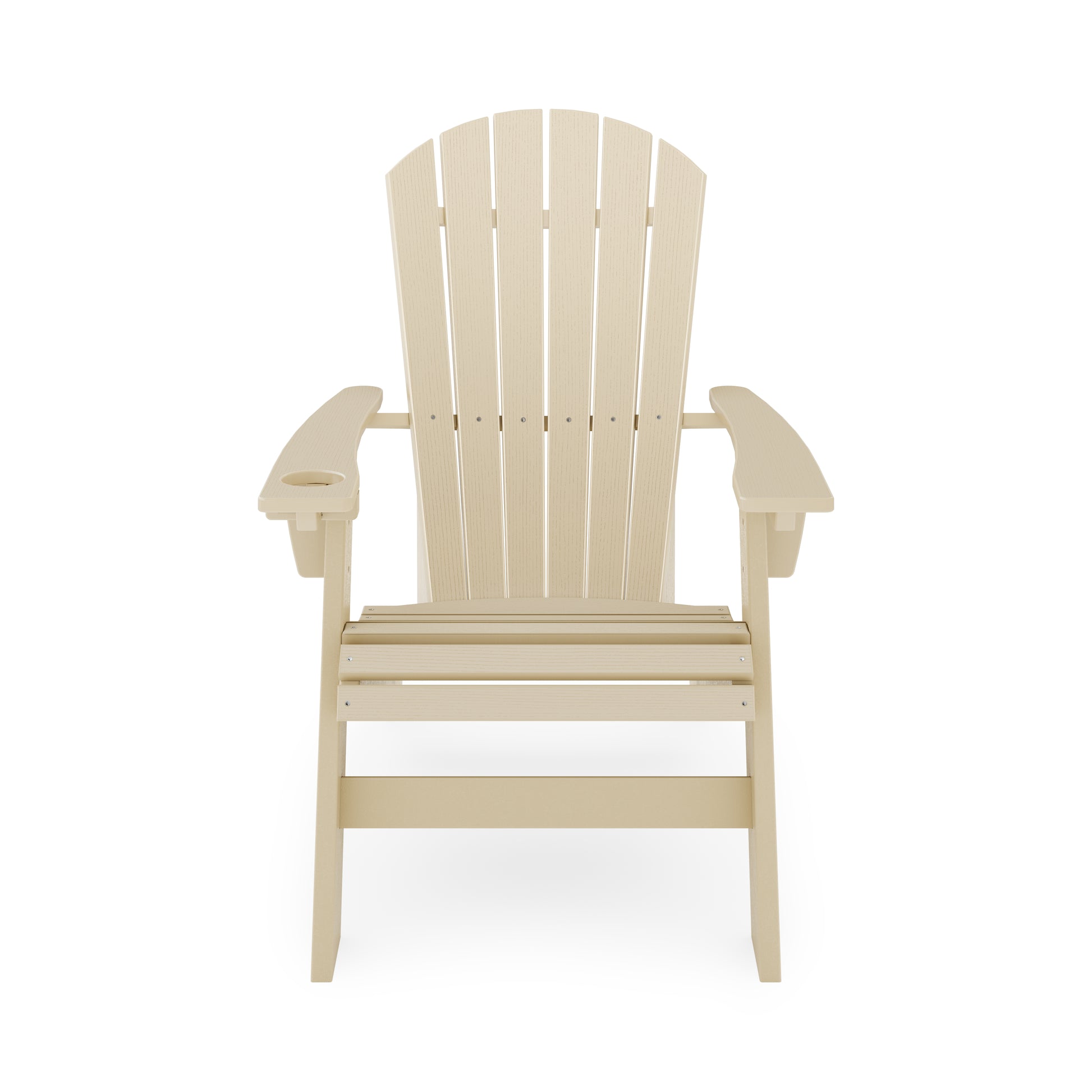 Light beige Adirondack chair with wide armrests and integrated cup holder