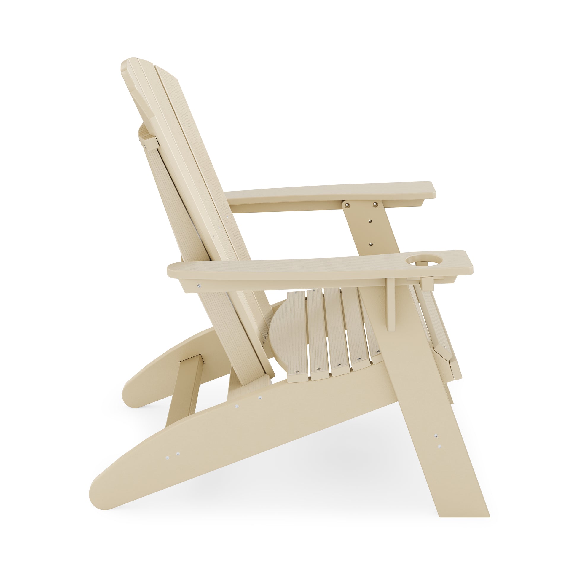 Beige Adirondack chair with slatted back and builtin cup holder