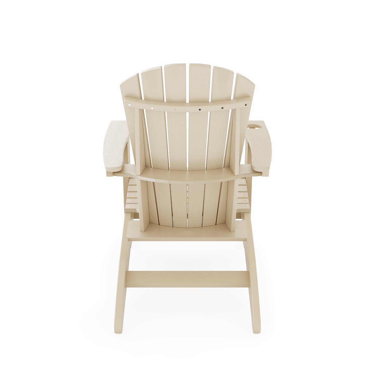 Tan Adirondack chair with cup holder perfect for outdoor relaxation