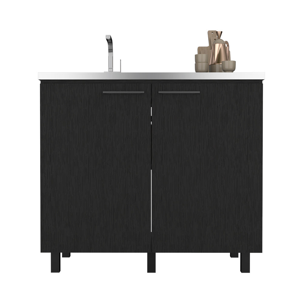 Modern black wood vanity cabinet with silver faucet and minimalist design