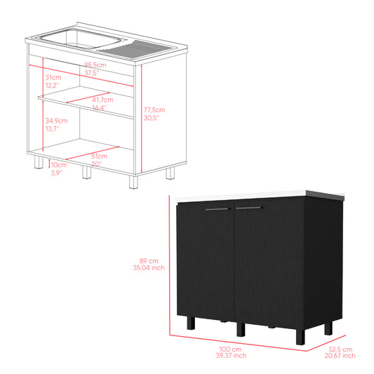 Detailed schematic of a black kitchen cabinet with brushed nickel handles showing dimensions for width and height