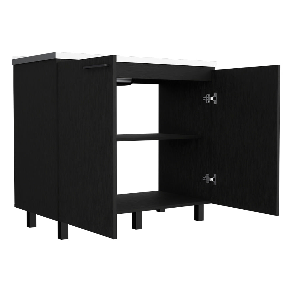 Black modern cabinet with open doors and two interior shelves wood grain texture