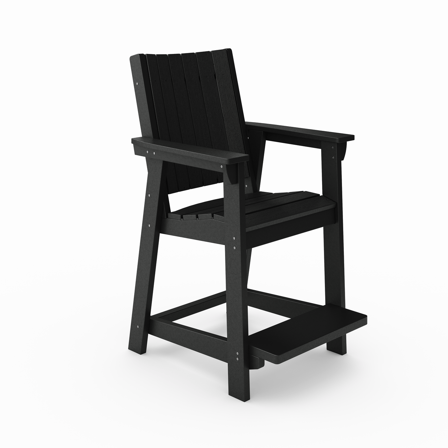 Sleek black polywood bar stool with armrests and footrest ideal for outdoor patios