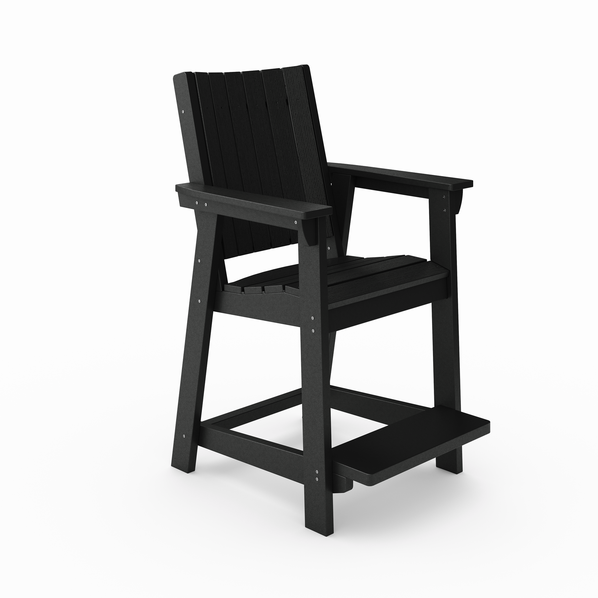 Sleek black polywood bar stool with armrests and footrest ideal for outdoor patios