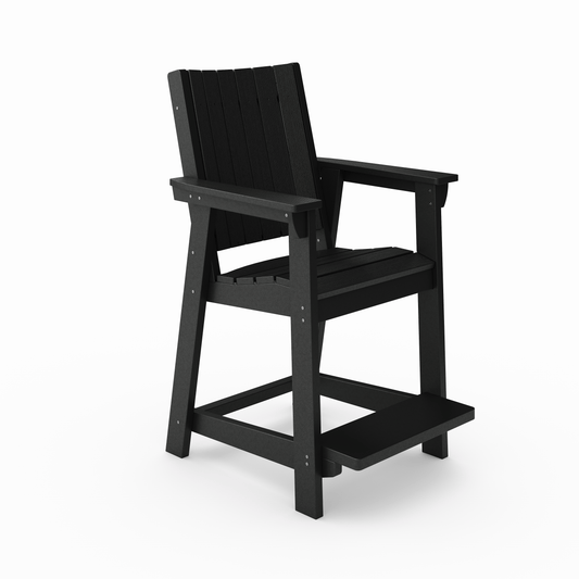Sleek black polywood bar stool with armrests and footrest ideal for outdoor patios