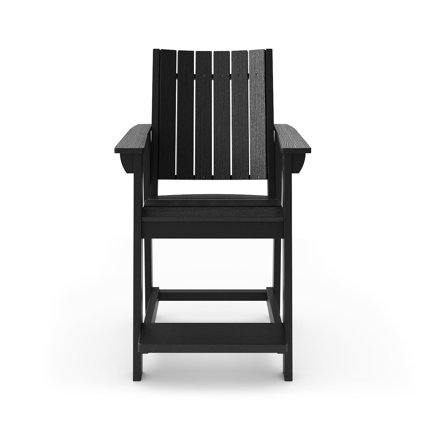 Black Adirondack bar stool with slatted back and armrests perfect for outdoor seating