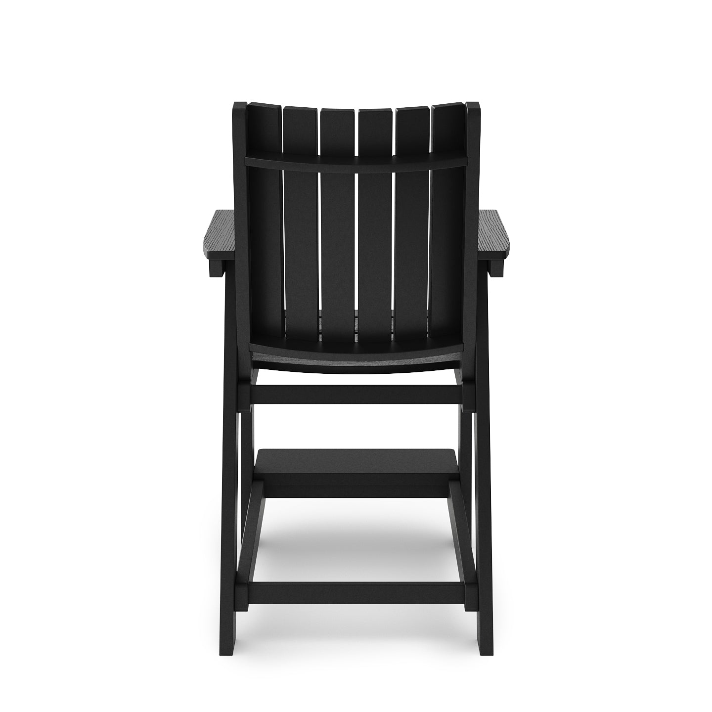 Back view of a black Adirondack chair with slatted seat and back