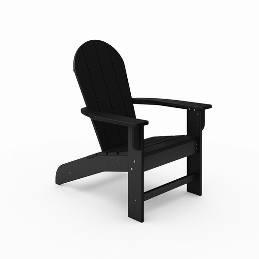Black Adirondack chair made of durable plastic perfect for outdoor relaxation