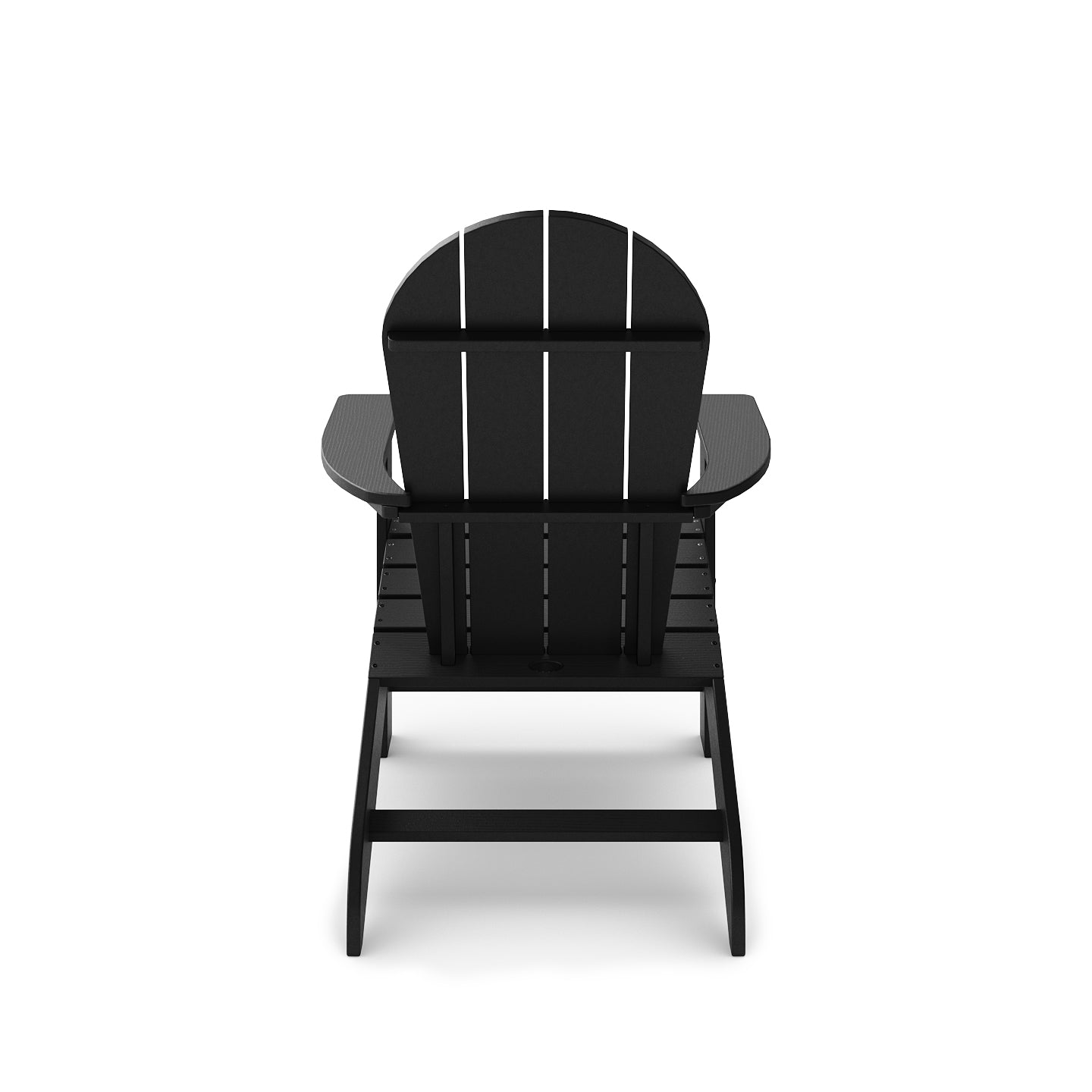 Black Adirondack chair with slatted back and wide armrests for outdoor relaxation