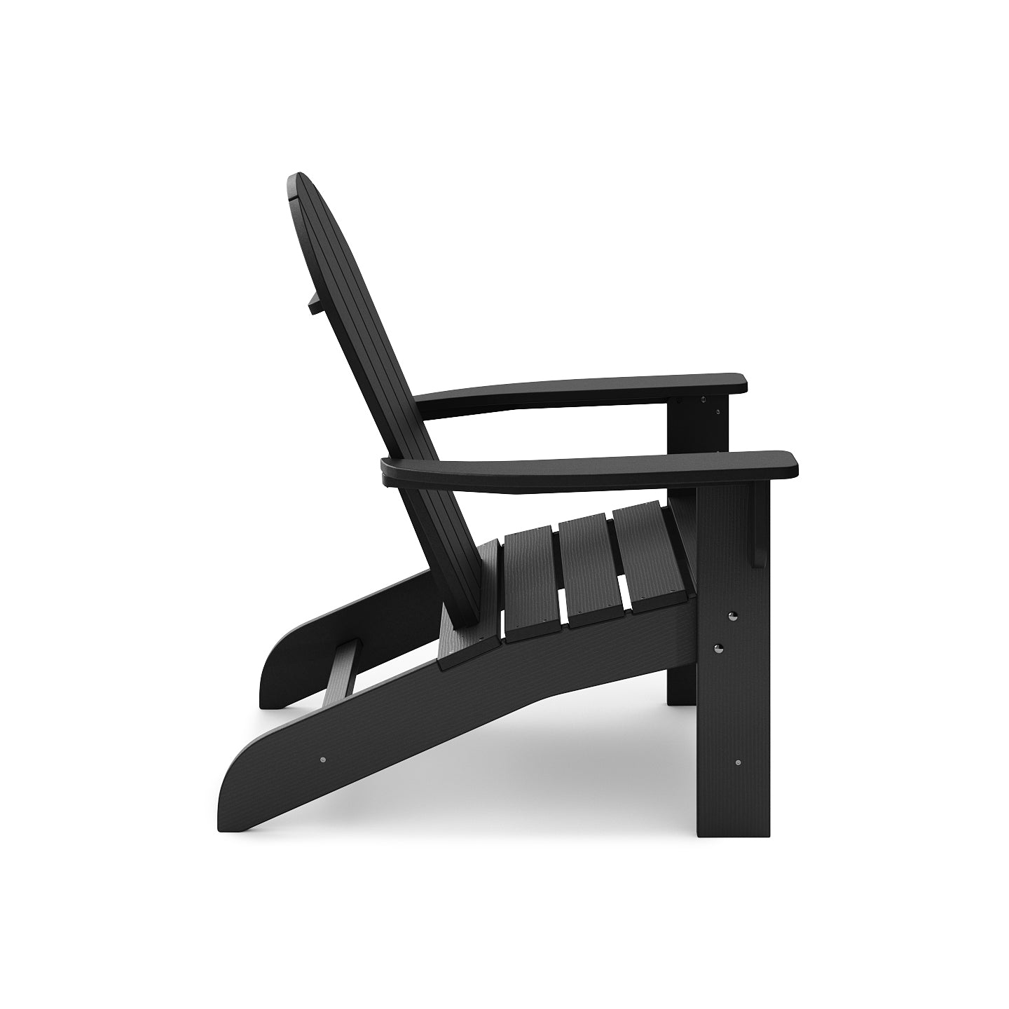Black Adirondack chair with wide armrests and slatted seat