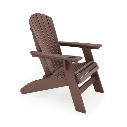 Brown composite adirondack chair with cup holder on armrest