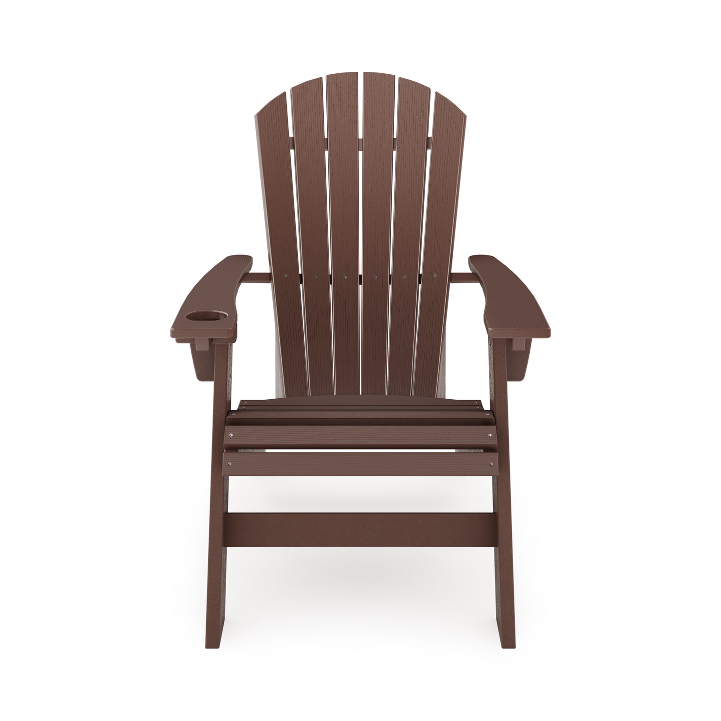 Brown Adirondack chair made of durable recycled plastic with cup holder on armrest