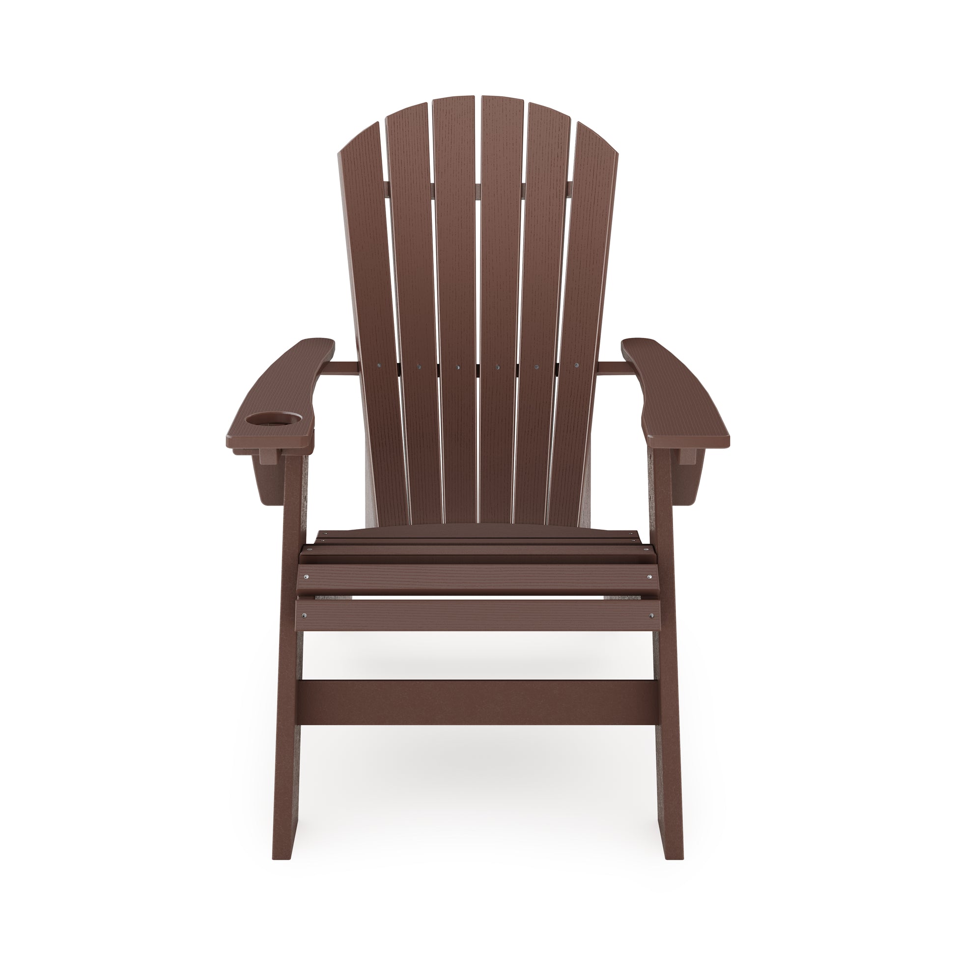 Brown Adirondack chair made of durable recycled plastic with cup holder on armrest