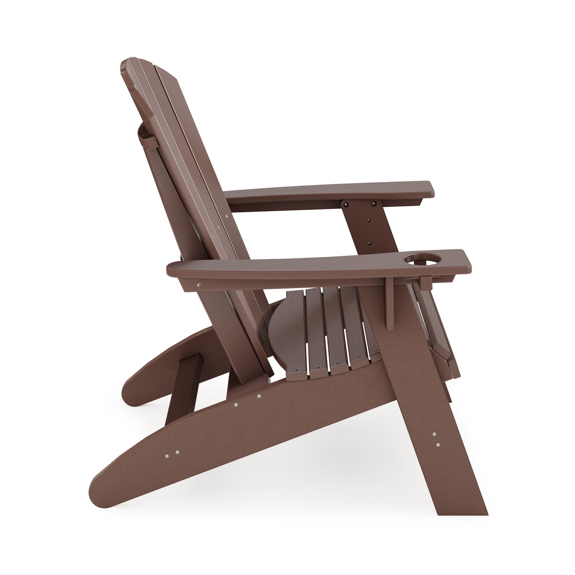 Brown plastic Adirondack chair with cupholder for outdoor relaxation