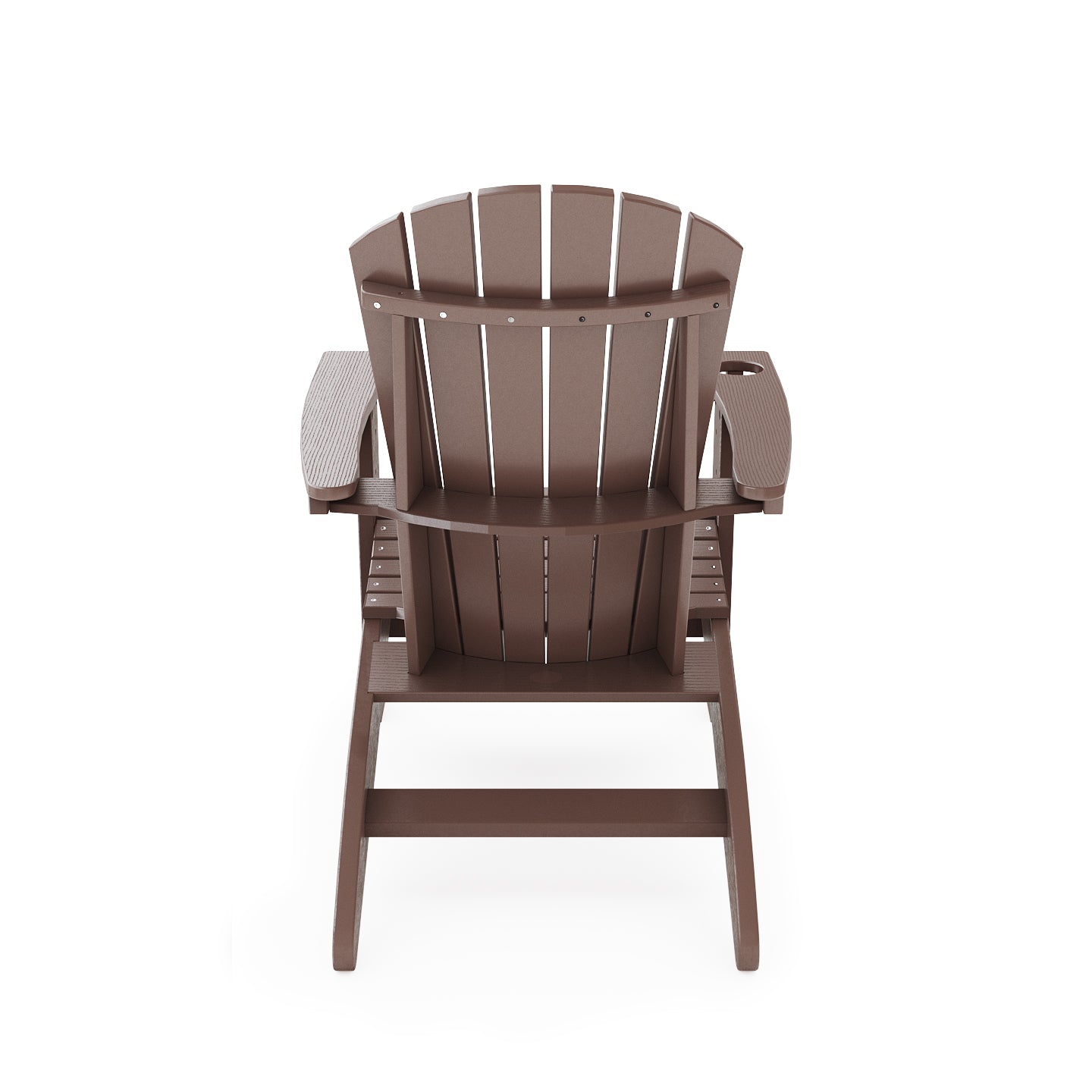 Brown Adirondack chair with cup holder on armrest made of durable composite material