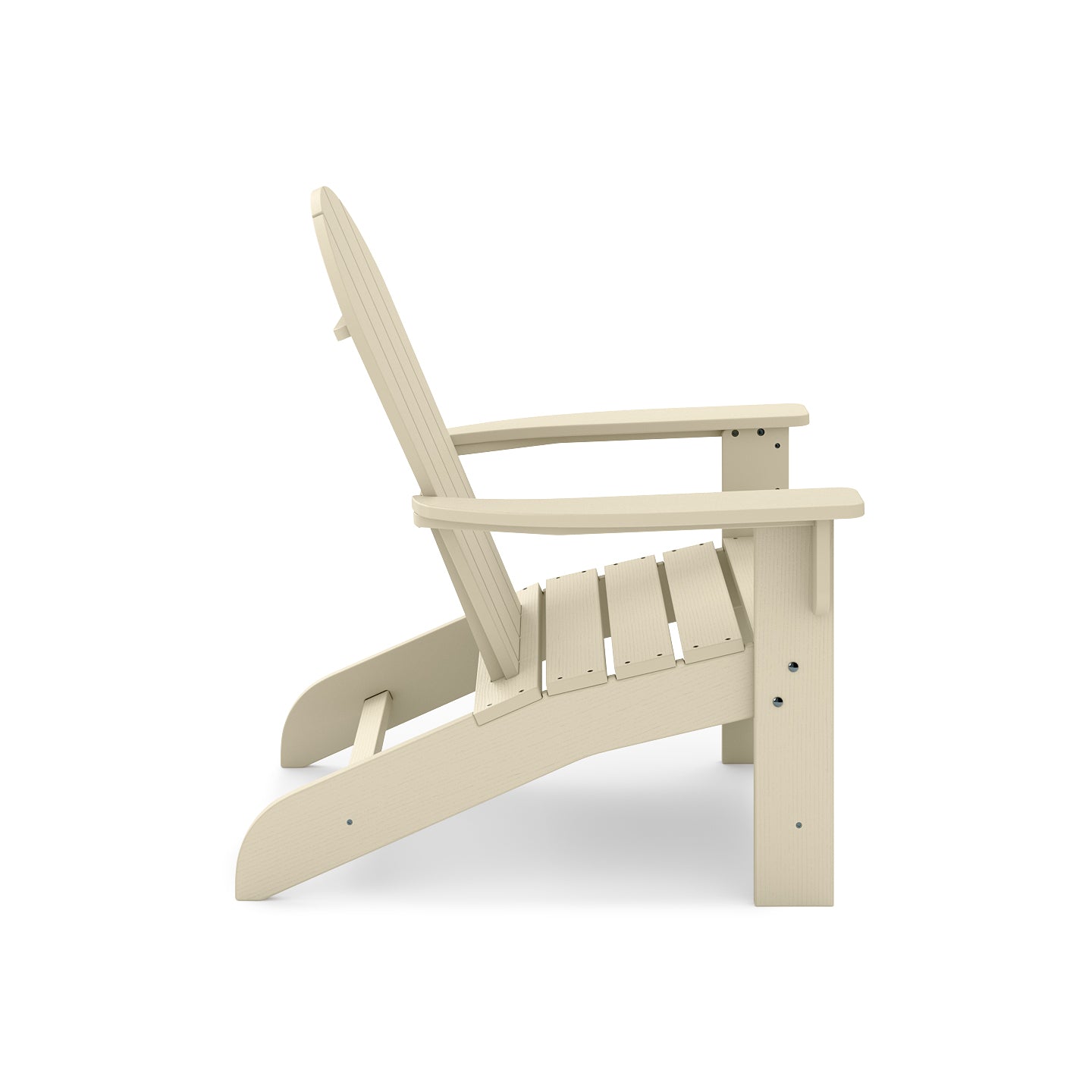 Light tan Adirondack chair made of durable recycled plastic perfect for patio relaxation