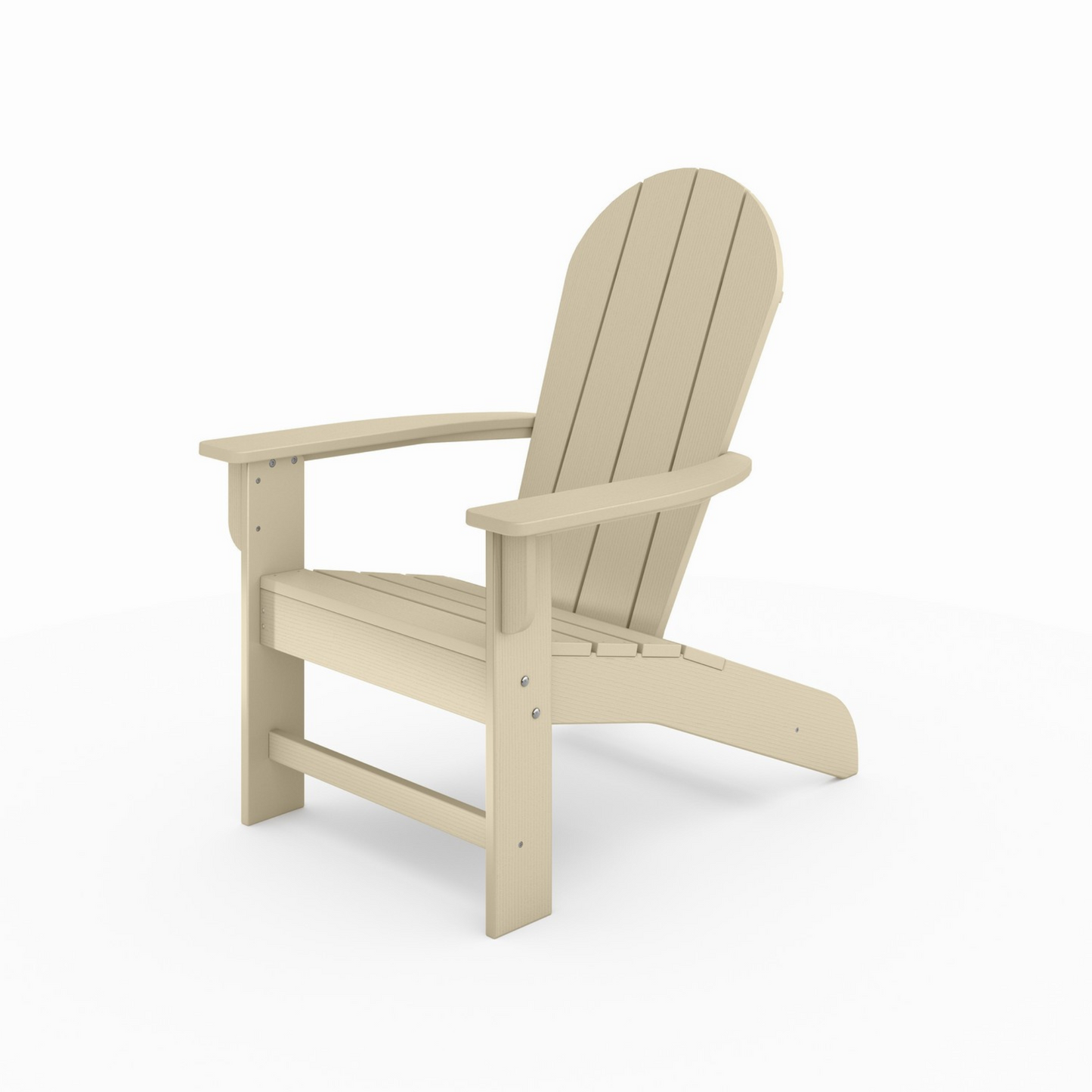 Beige Adirondack chair made of durable plastic perfect for outdoor relaxation
