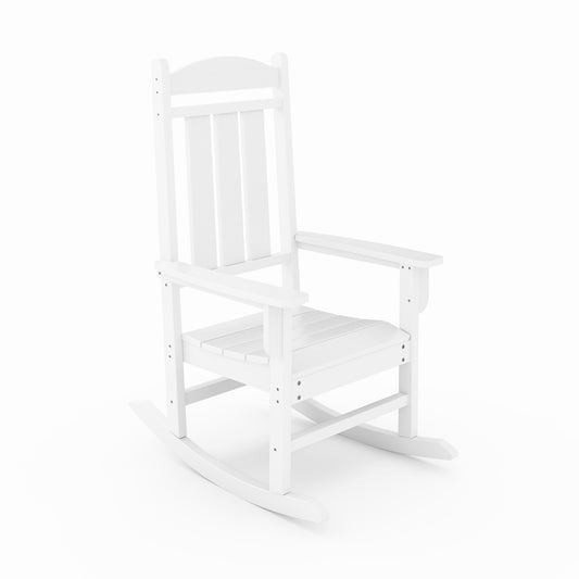 White Adirondack rocking chair with slatted seat and back on white background