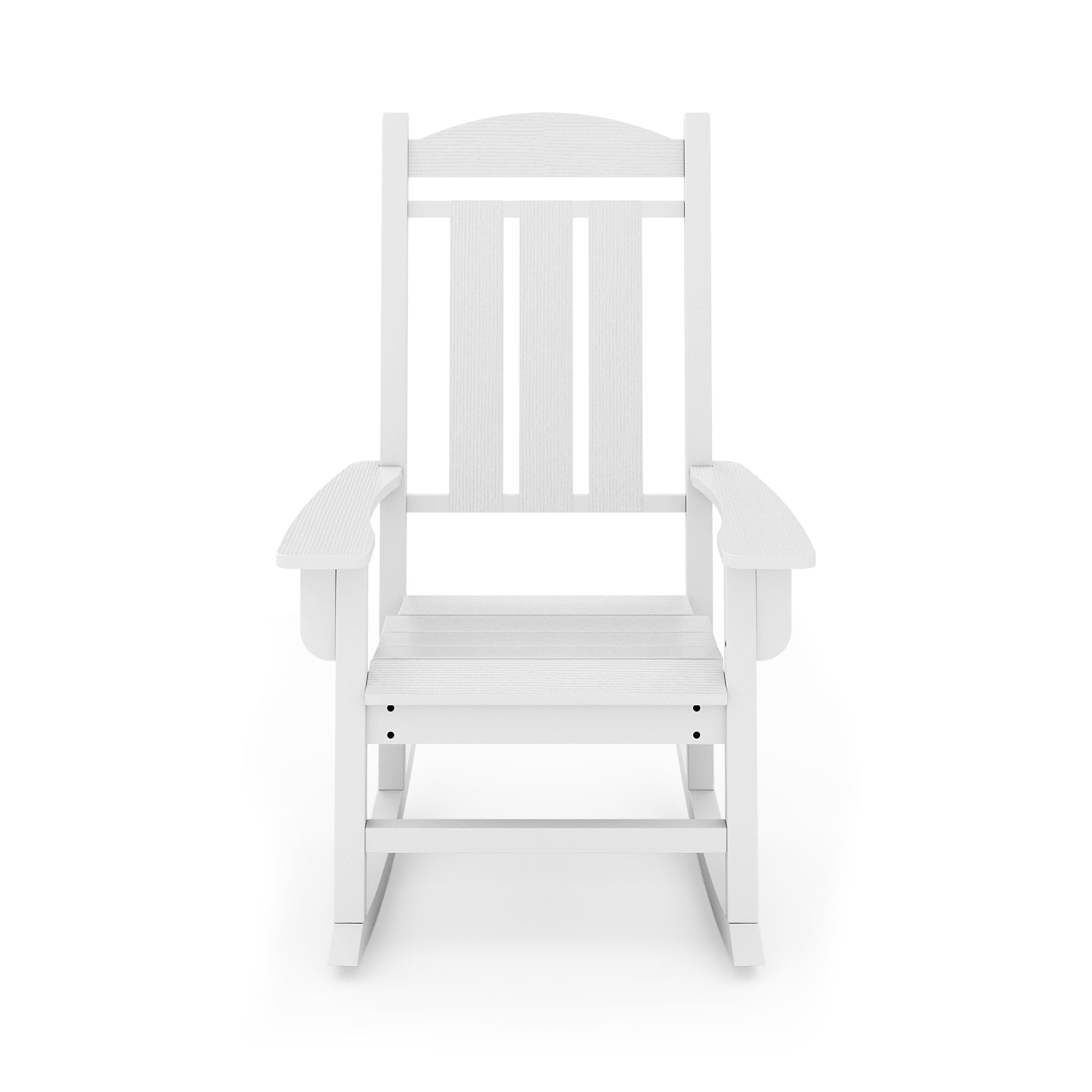 White Adirondack rocking chair with a slatted back and seat on white background