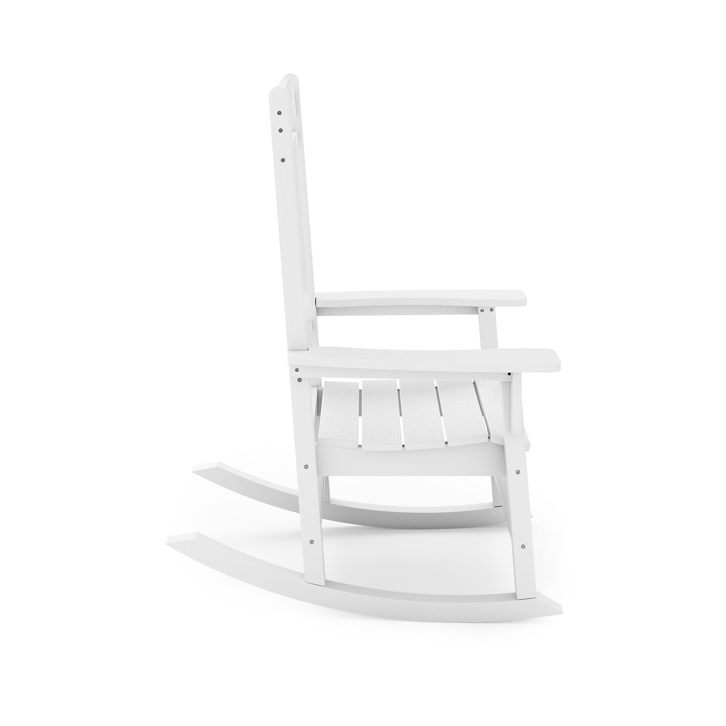 White Adirondack rocking chair with slatted seat and backrest for outdoor relaxation