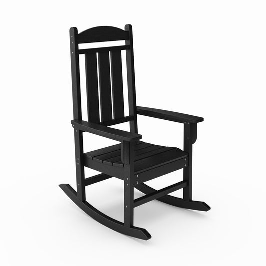 Classic black Adirondack rocking chair with wide armrests and slatted seat