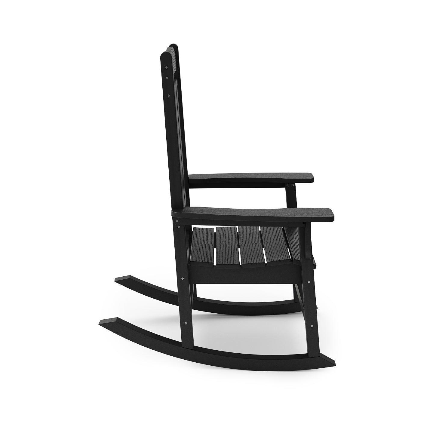 Black plastic Adirondack rocking chair with slatted seat for outdoor relaxation