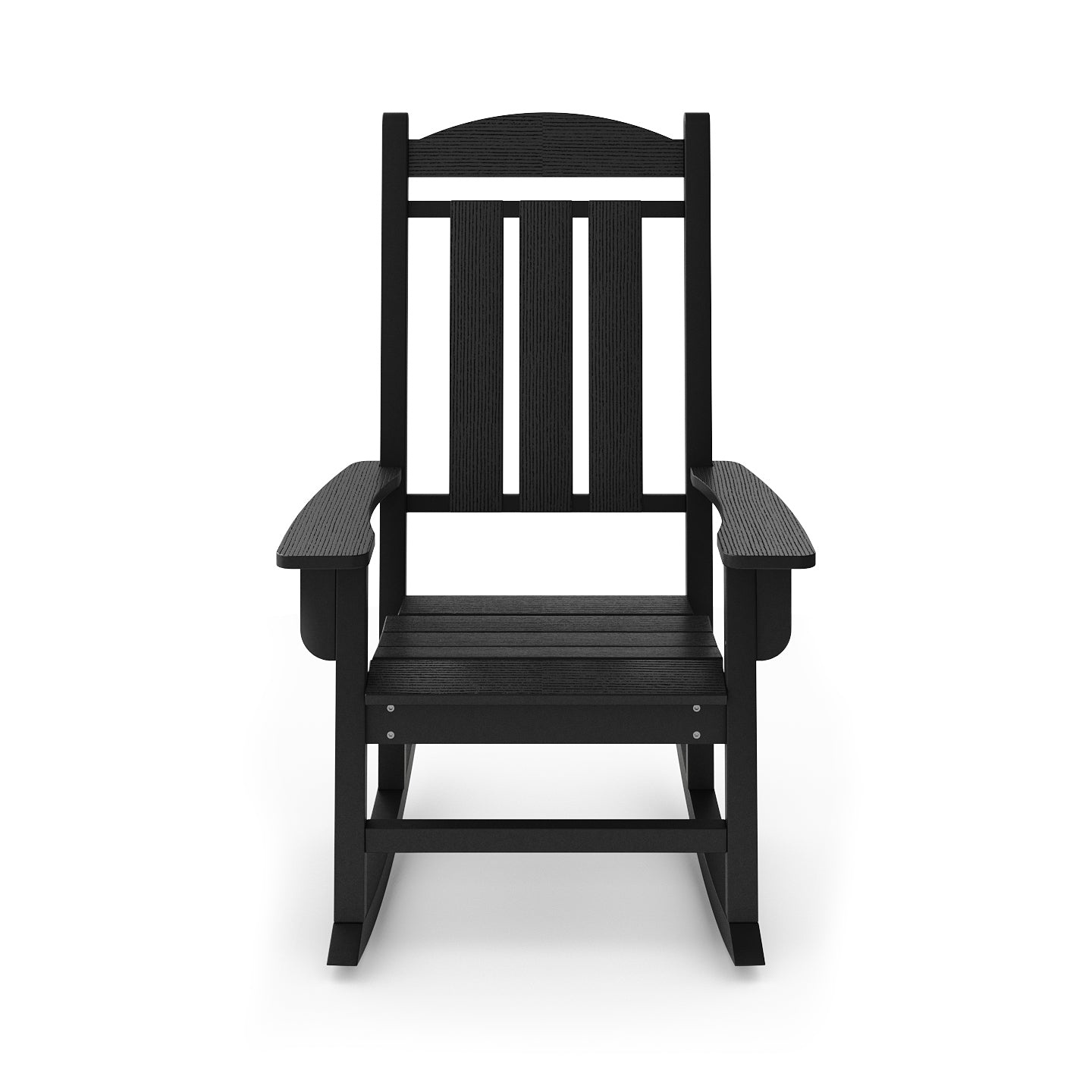 Black wooden Adirondack rocking chair with slatted back and seat perfect for patio relaxation
