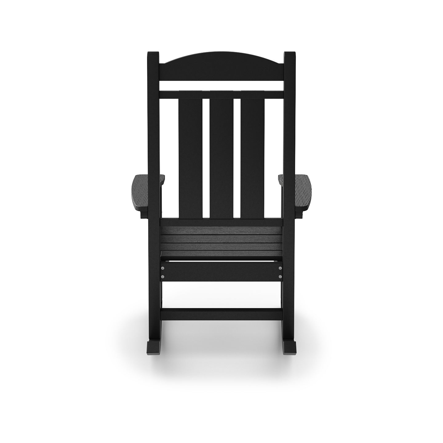Front view of a black Adirondack rocking chair with a slatted seat and back