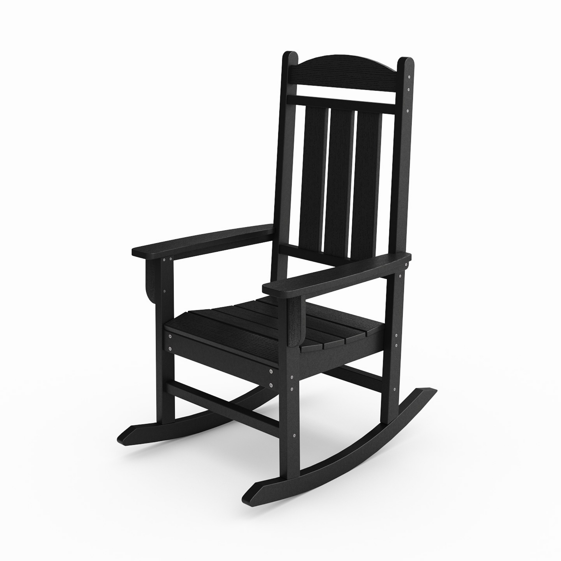 Classic black Adirondack rocking chair with wide armrests for outdoor comfort