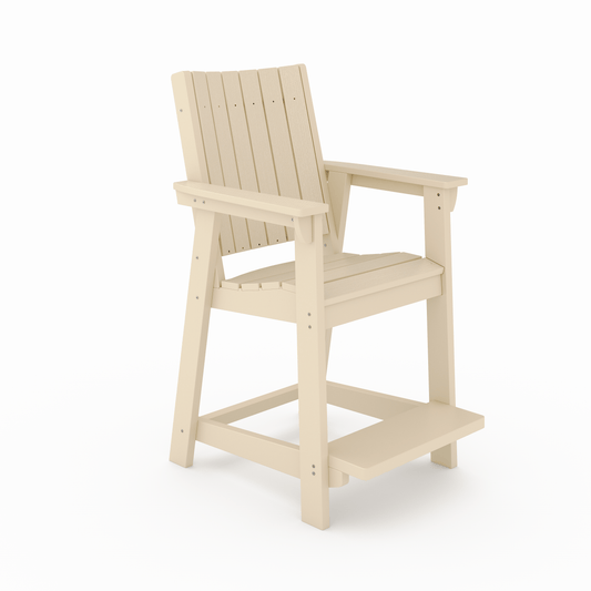 Light beige Adirondack bar chair with slatted seat and backrest for outdoor patio use