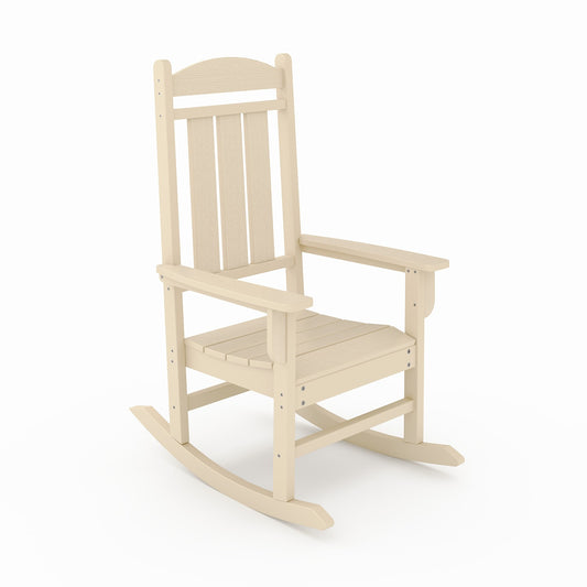 Creamcolored wooden Adirondack rocking chair with slatted seat and back