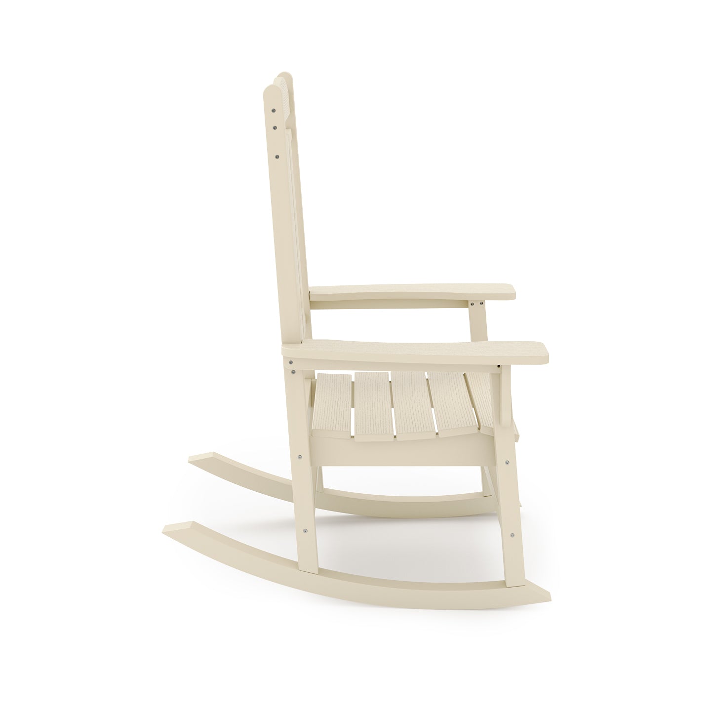 Cream Adirondack rocking chair made of durable recycled plastic