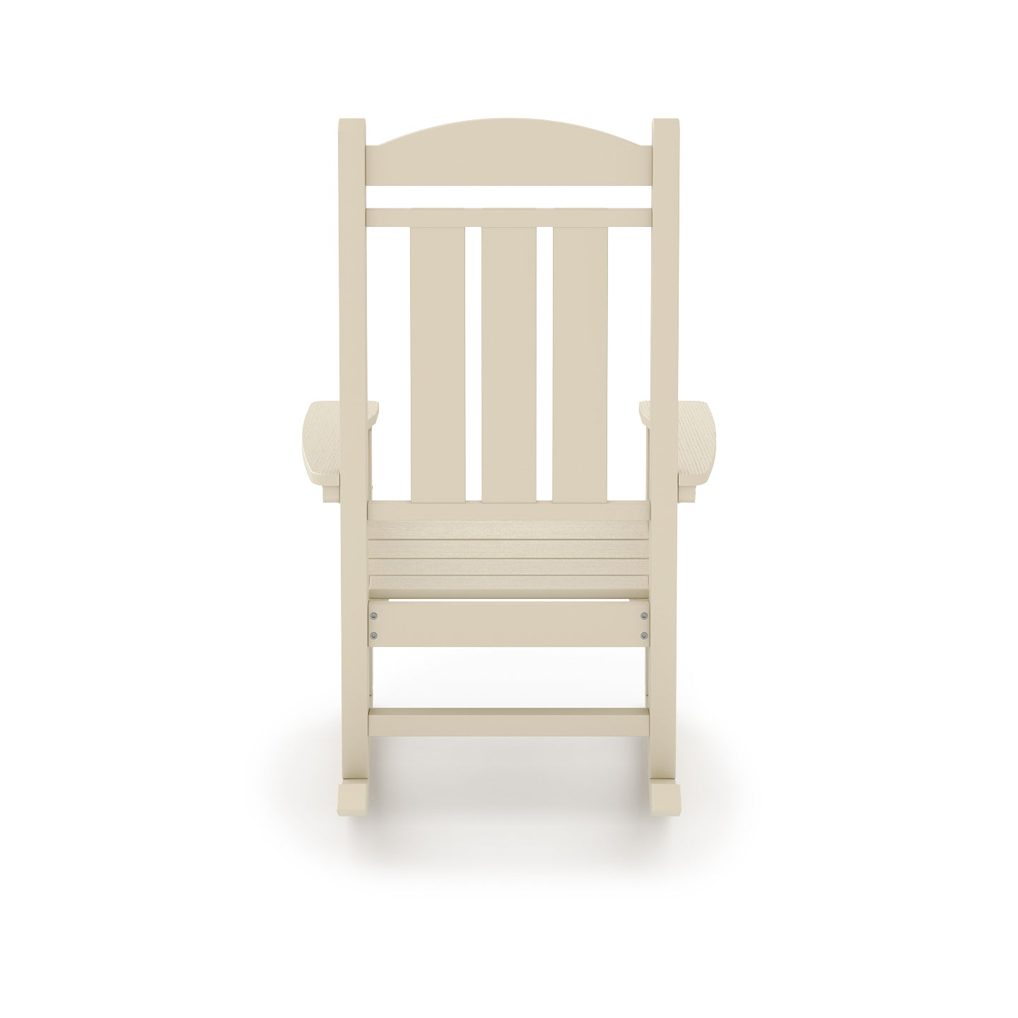 Beige rocking chair with slatted back and armrests ideal for porch relaxation