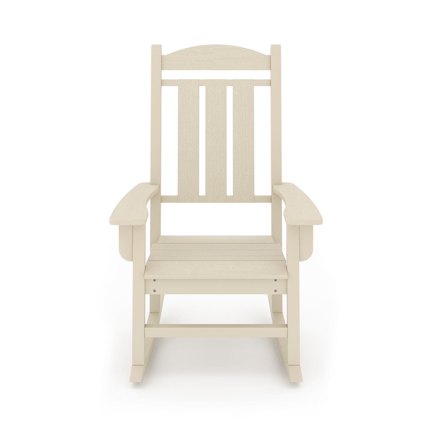 Cream Adirondack rocking chair with slatted back and seat ideal for outdoor relaxation