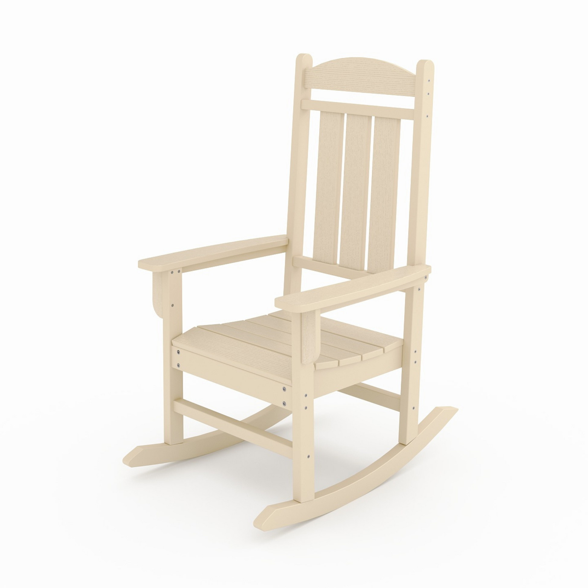 Light beige wooden porch rocking chair with slatted seat and back