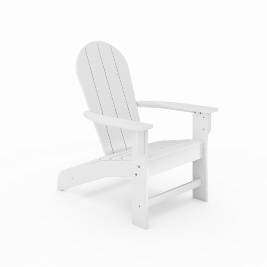 White Adirondack chair with wide armrests perfect for outdoor relaxation