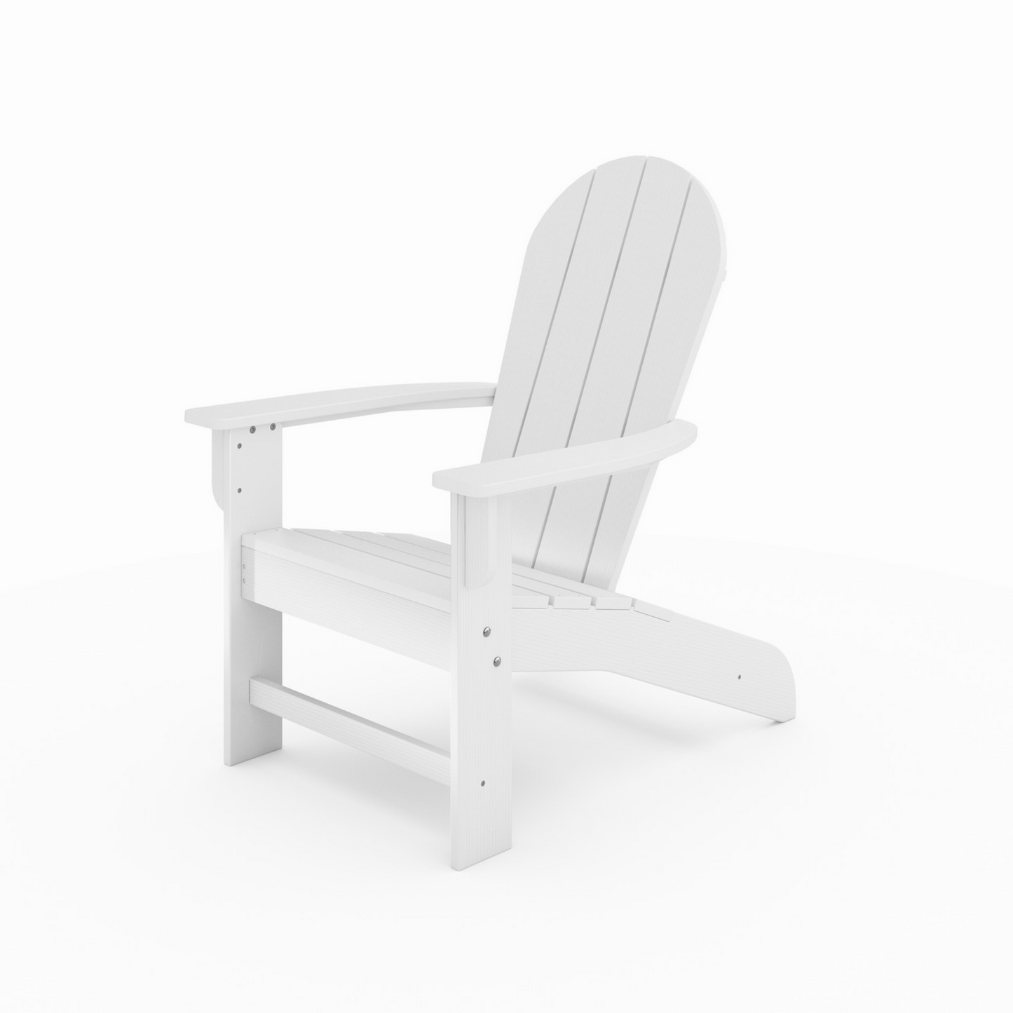 White wooden Adirondack chair with wide armrests perfect for outdoor relaxation