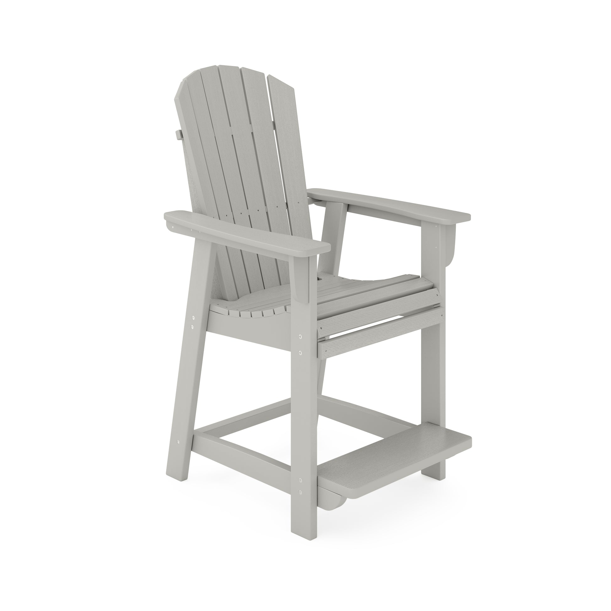 Light grey Adirondack bar stool with wide armrests and a footrest perfect for outdoor patio seating