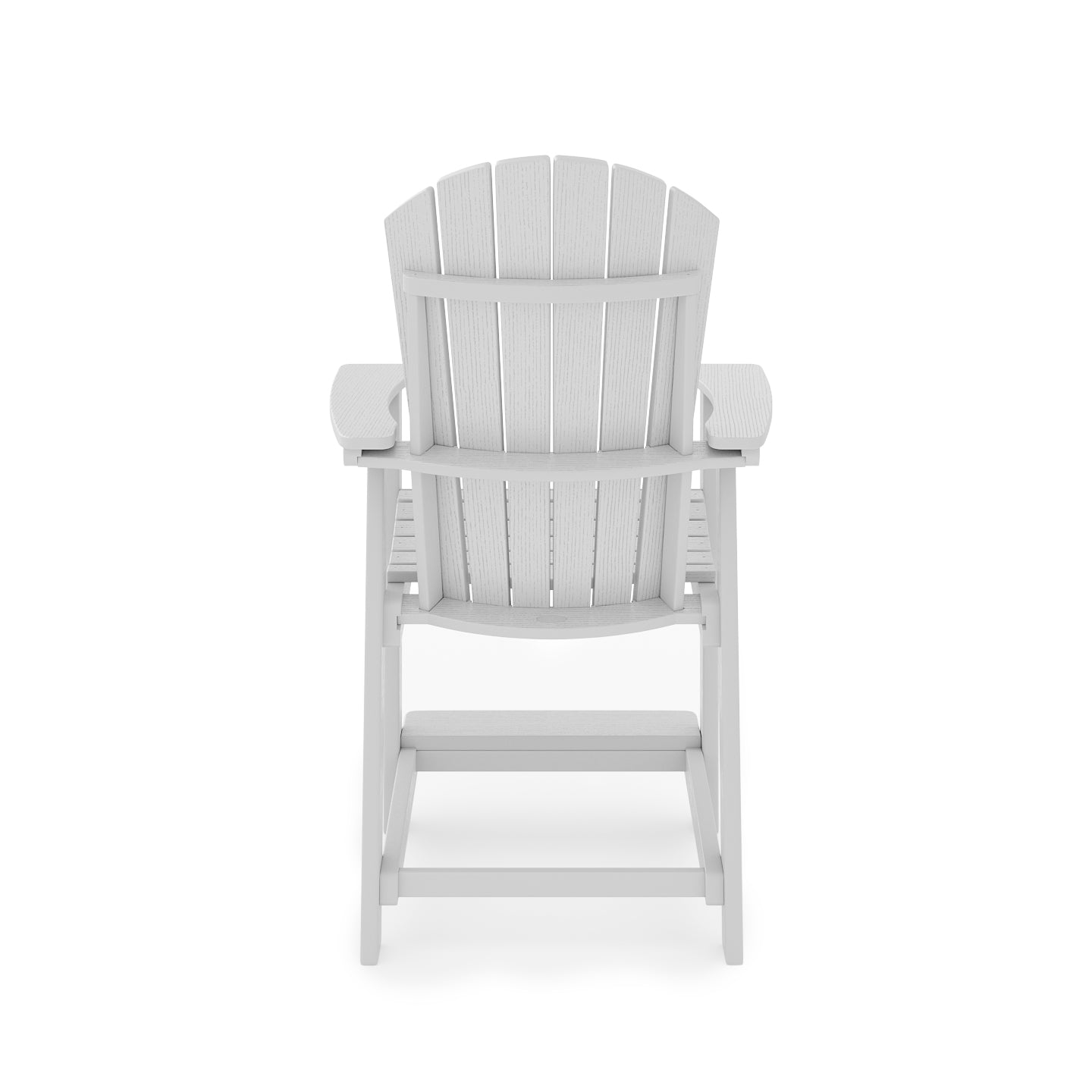 White Adirondack bar stool with slatted back and armrests perfect for outdoor seating