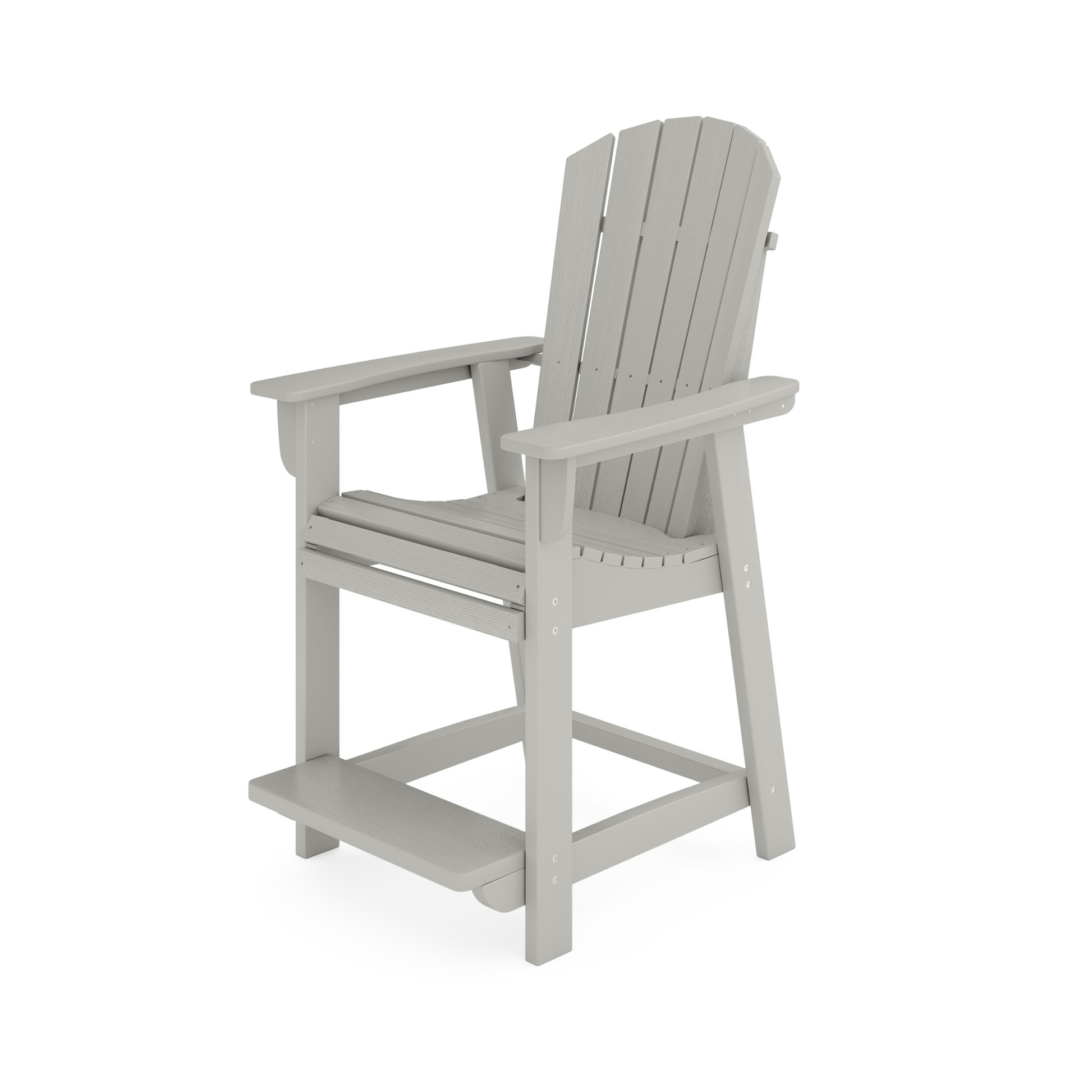 Gray Adirondack bar stool with slatted back and seat footrest and wide arms