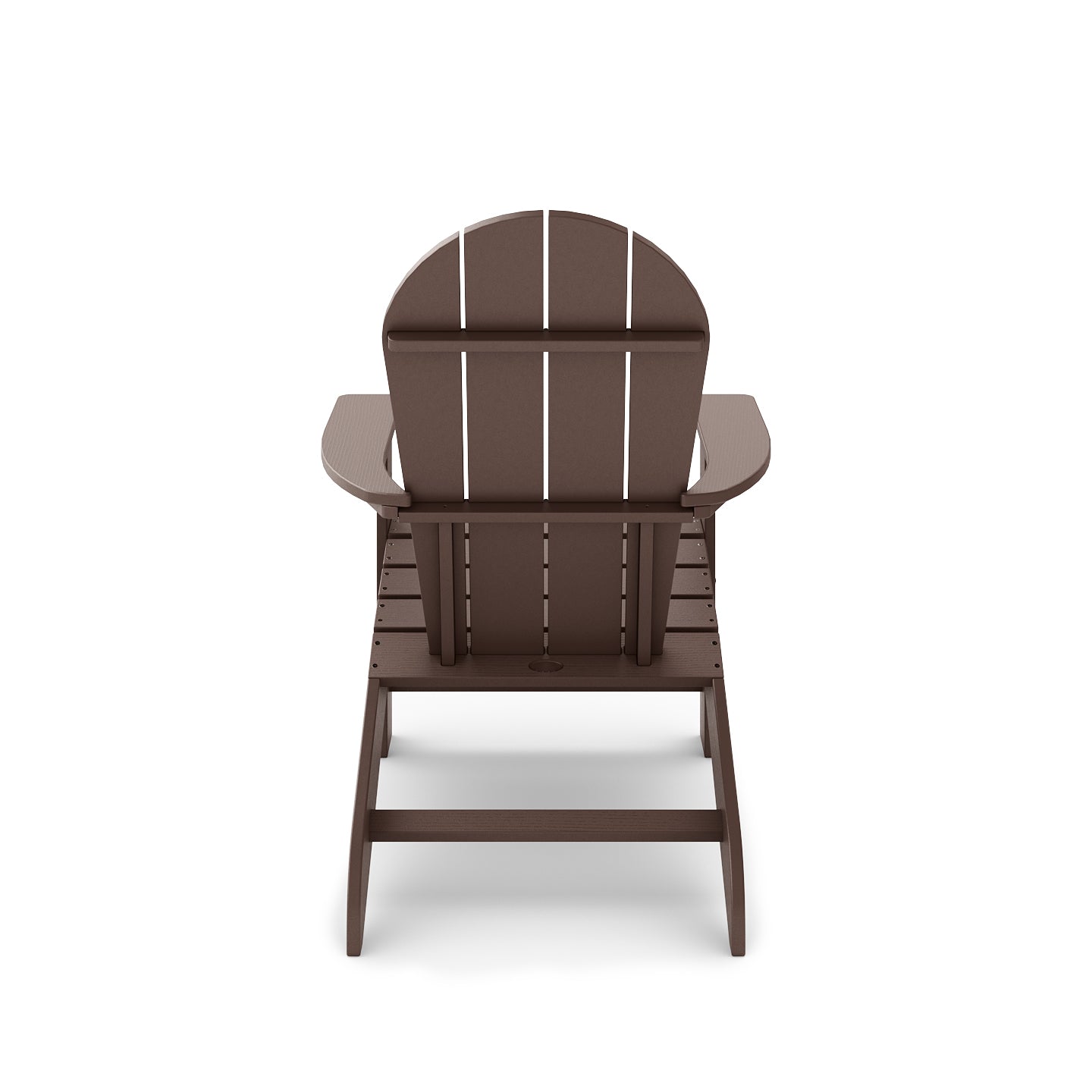 Brown Adirondack chair with slatted back and wide arms