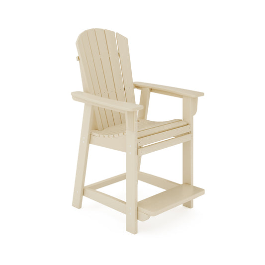 Beige Adirondack bar stool with wide armrests and a footrest made from durable recycled plastic