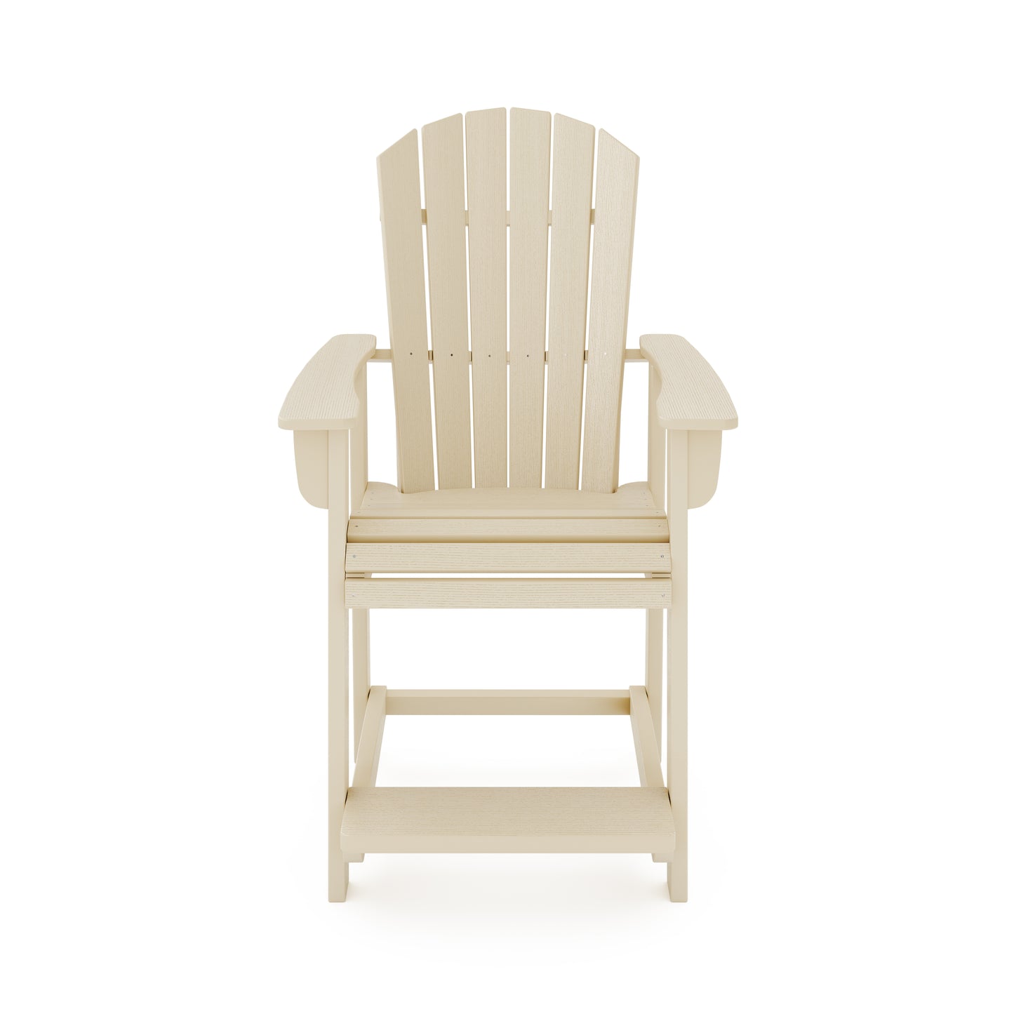 Light beige outdoor bar stool with slatted back and seat for patio use