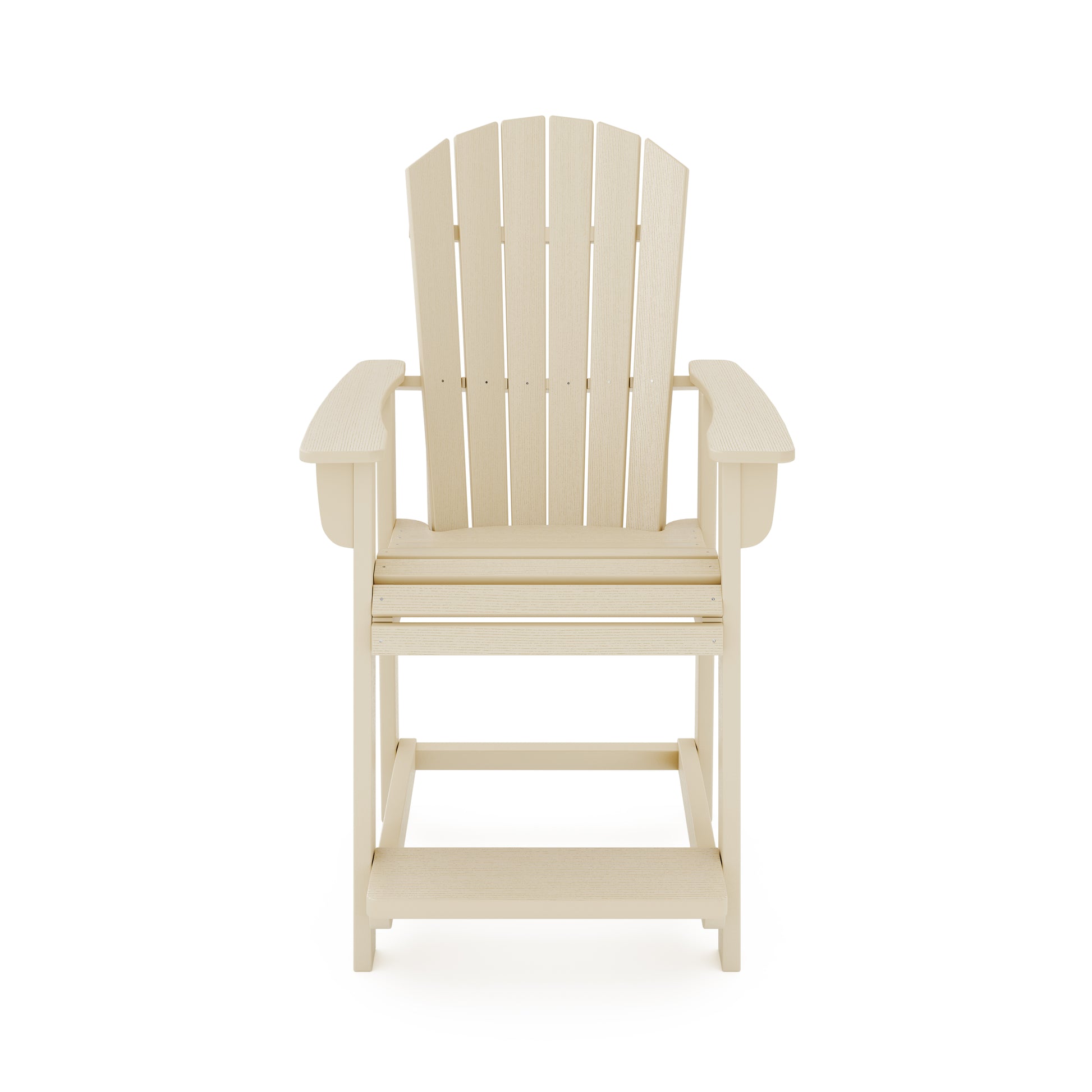 Light beige outdoor bar stool with slatted back and seat for patio use