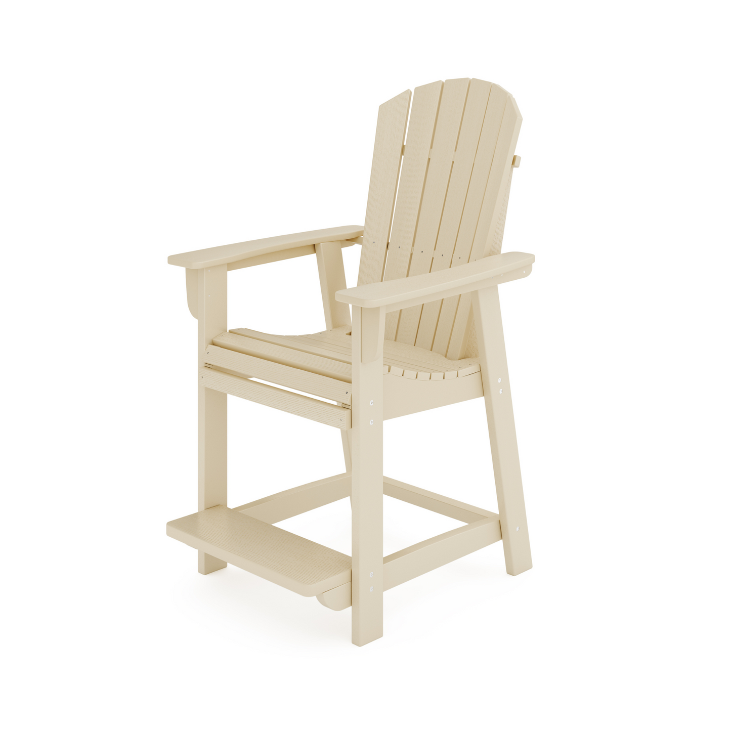 Beige Adirondack bar stool with wide arms and footrest for outdoor seating
