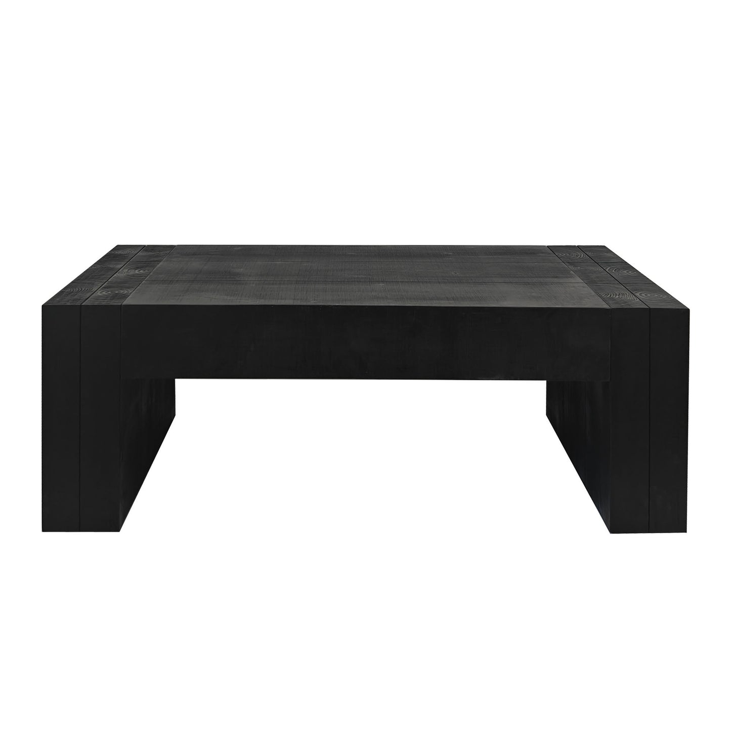 Black wooden block coffee table with plank top and textured corners