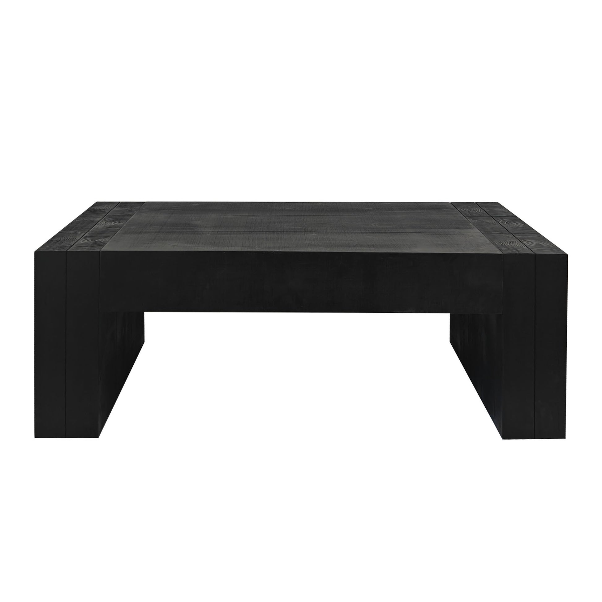 Black wooden block coffee table with plank top and textured corners