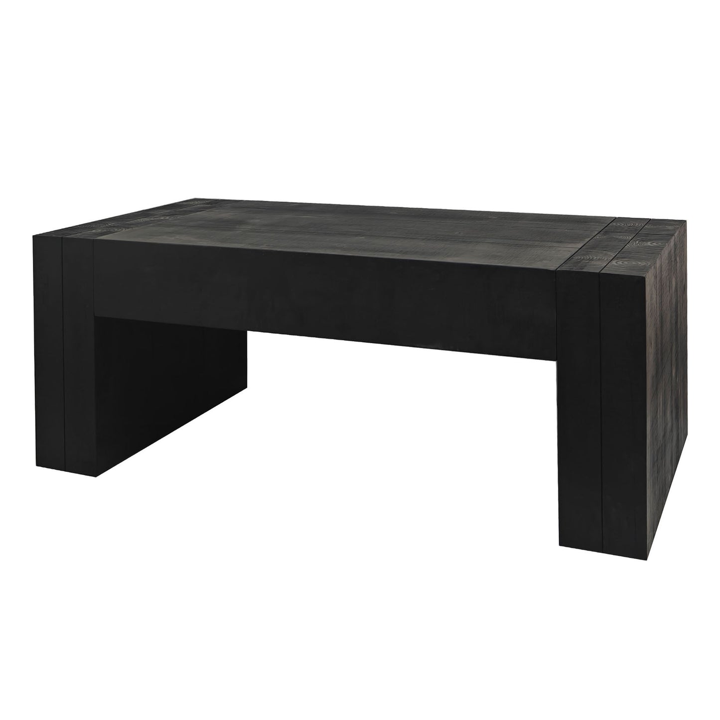 Dark wood block coffee table with plank top and solid block legs