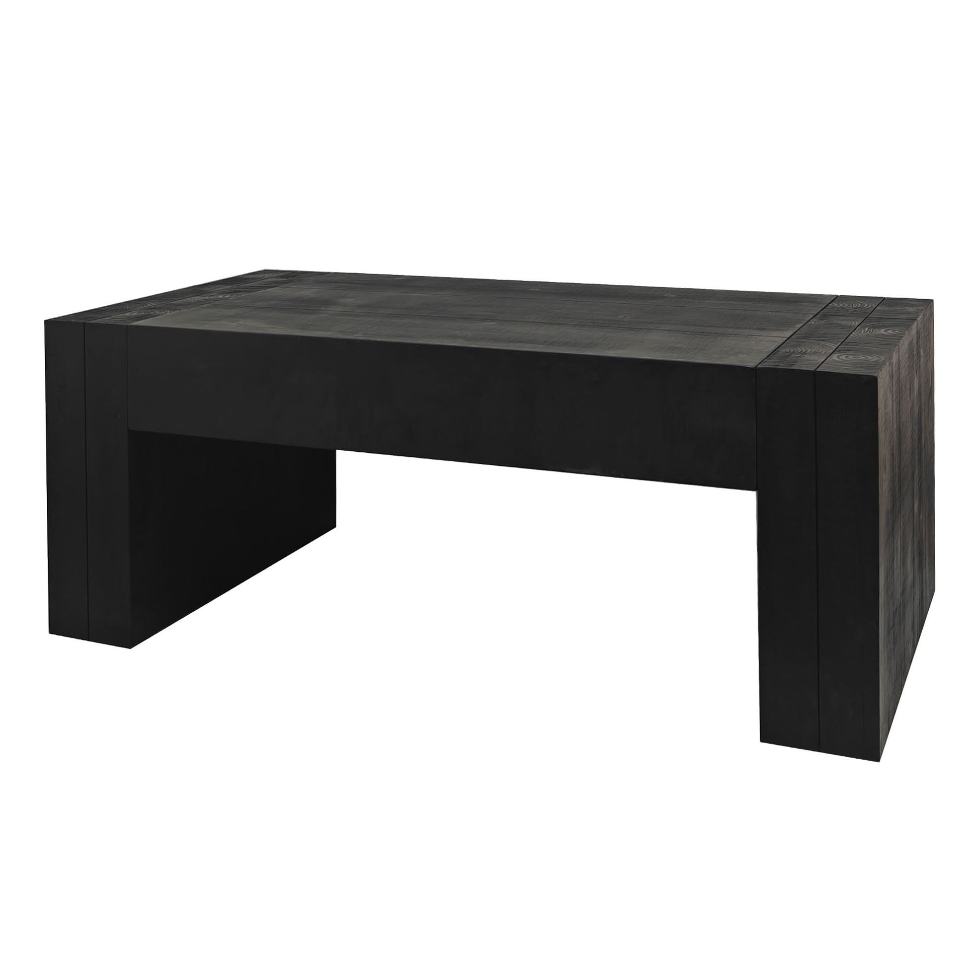 Dark wood block coffee table with plank top and solid block legs