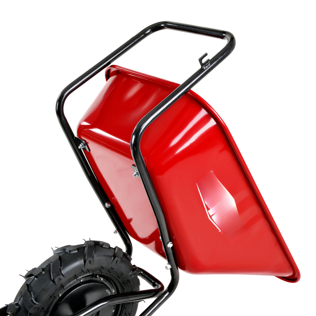 Red garden wheelbarrow with black handles and a pneumatic tire ideal for moving soil and plants